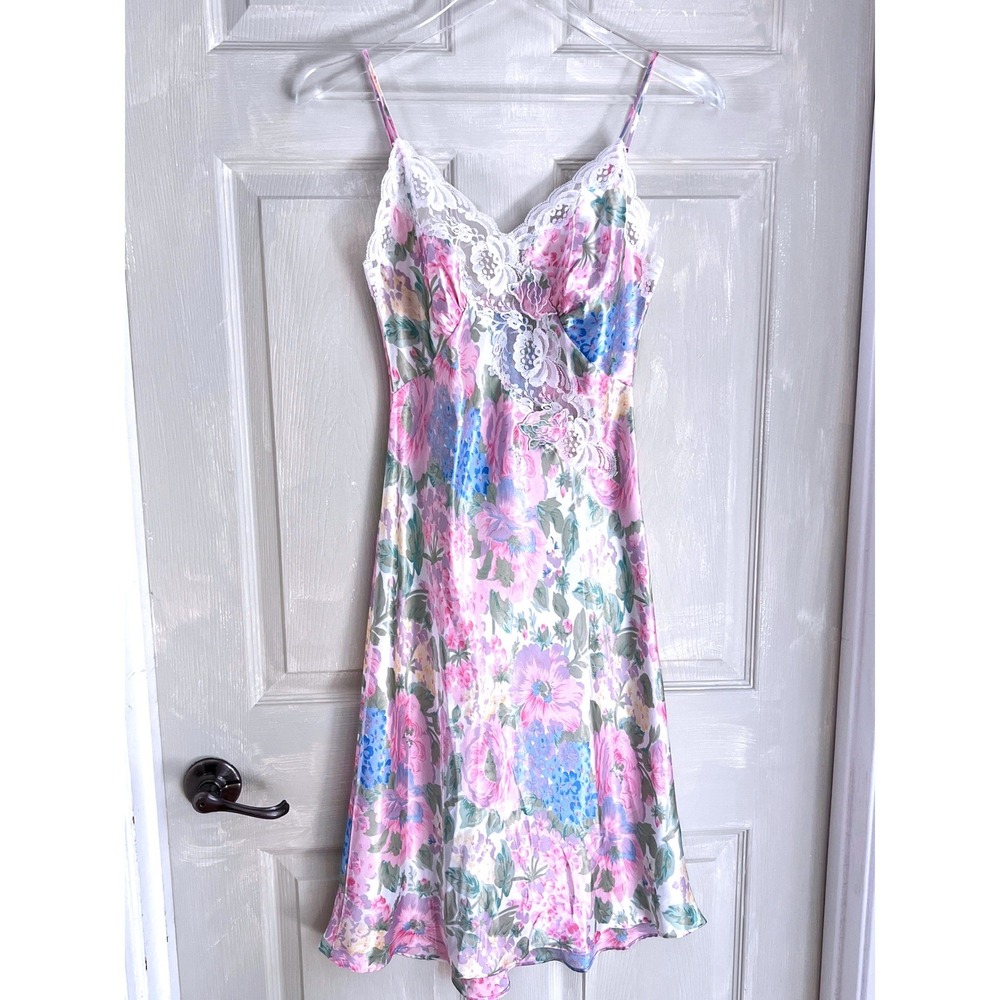 Victoria's Secret Slip Dress P Women Floral Lace Trim Pink Gold Label Vintage